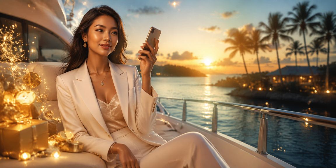 Model Vietnam memegang hadiah bonus VIP dengan ekspresi antusias dan percaya diri