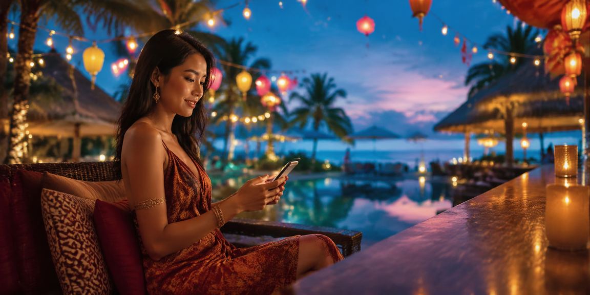 Pengguna mobile casino di suasana malam pasar yang semarak dan penuh energi